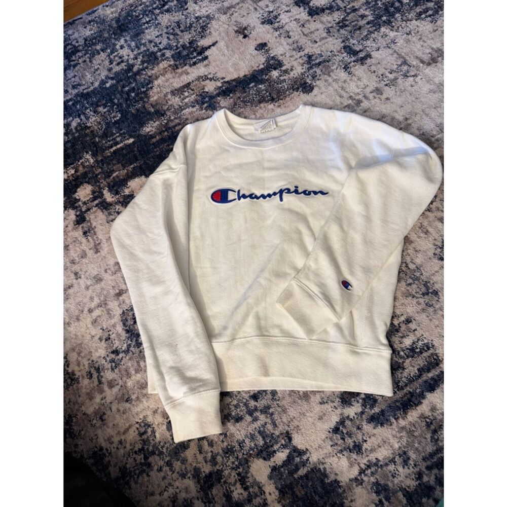 Champion white Crewneck with Blue & Red Script Logo